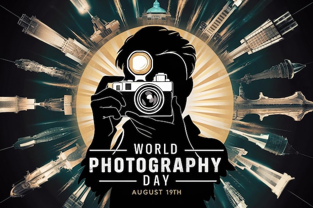 plakat dla fotografii światowej z człowiekiem robiącym zdjęcie z soczewką
