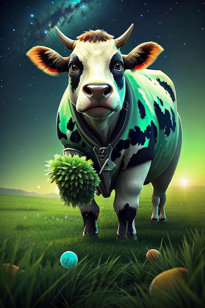 Plakat dla krowy na zielonym tle z kulką pośrodku.