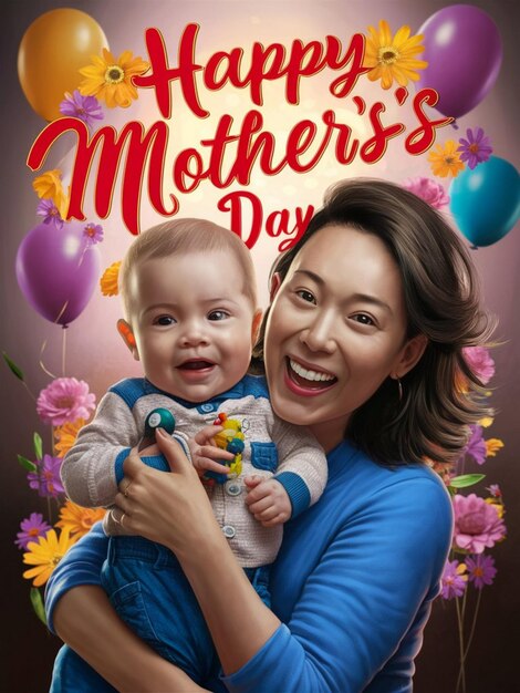 Zdjęcie plakat dla matki i dziecka z balonami i słowami miłość na nim