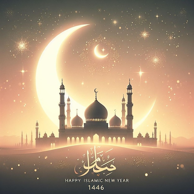 plakat dla meczetu z księżycem i gwiazdami na tle