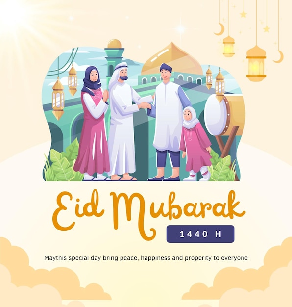 plakat dla muzułmańskiej rodziny z mężczyzną i kobietą w niebieskiej i żółtej koszuli świętującą Eid