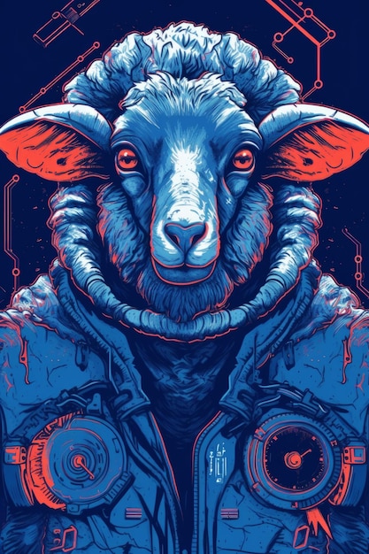 Plakat dla owcy z niebieskim i czerwonym tłem.