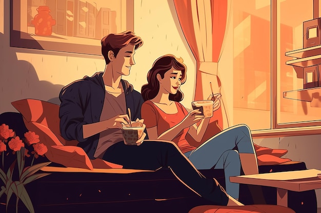 Plakat dla pary czytającej książkę z mężczyzną i kobietą siedzącymi na kanapie.