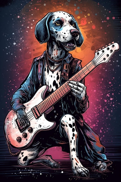 Plakat dla psa o imieniu dalmatyńczyk grający na gitarze.