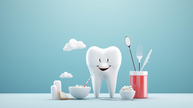 Plakat dla stomatologii z białym zębem i sprzętem