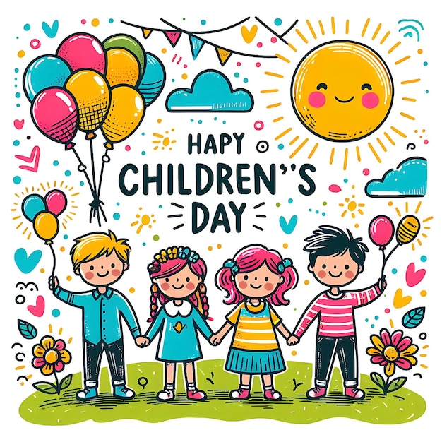 Zdjęcie plakat dnia dziecięcego szczęśliwy dzień z balonami i szczęśliwymi dziećmi