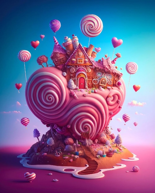 Zdjęcie plakat do cukierni z domkiem w kształcie serca na górze.
