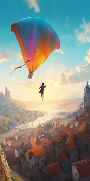 Plakat do filmu Mały Książę lecący nad miastem.