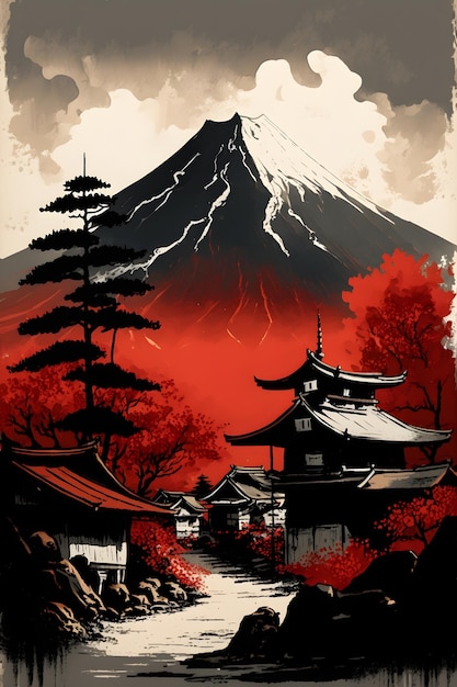 Plakat do japońskiej świątyni z wulkanem w tle.