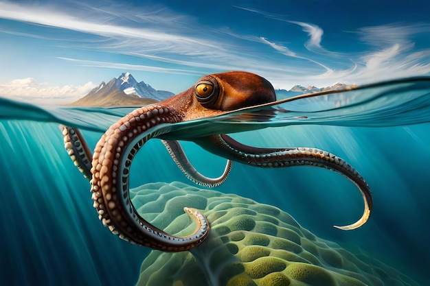 Plakat do podwodnego świata przedstawiający pływającą w wodzie ośmiornicę.