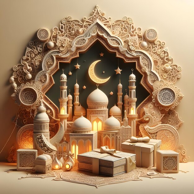 Plakat Eid al fitr Islamskiego festiwalu Eid Mubarak sztuka 3d