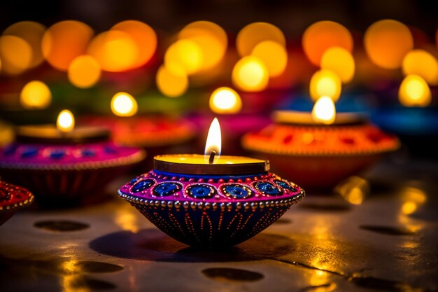 Plakat festiwalu Diwali Diwali wakacje błyszczące tło z lampami diya i rangoli wektor ilustra