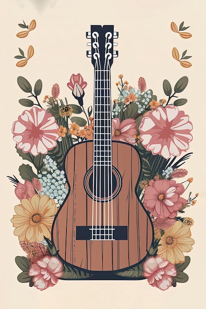Plakat festiwalu muzyki country z gitarą akustyczną i kwiatami Generative AI