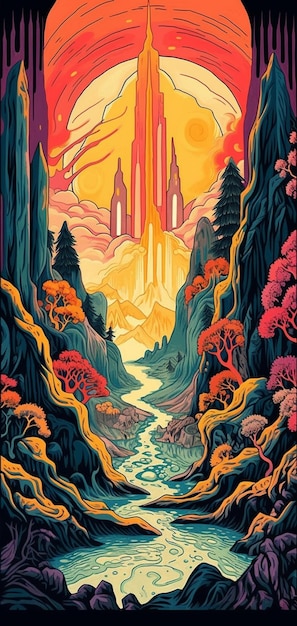 Plakat górskiej sceny z rzeką i zamkiem generatywny ai