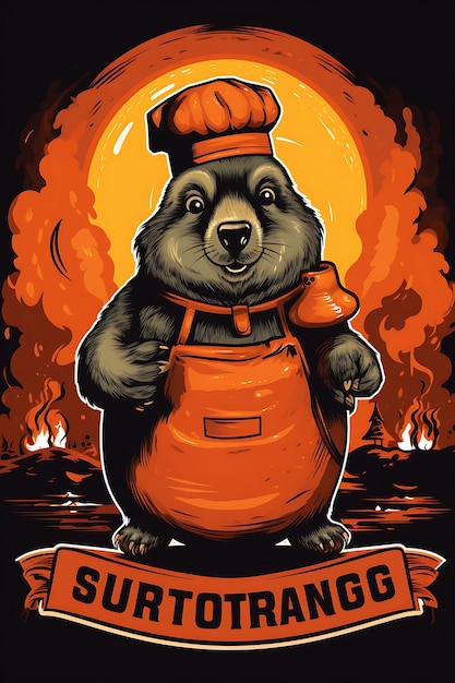 Plakat Groundhog noszący kapelusz szefa kuchni i trzymający grill barbecue W 2D Flat Design Illustration