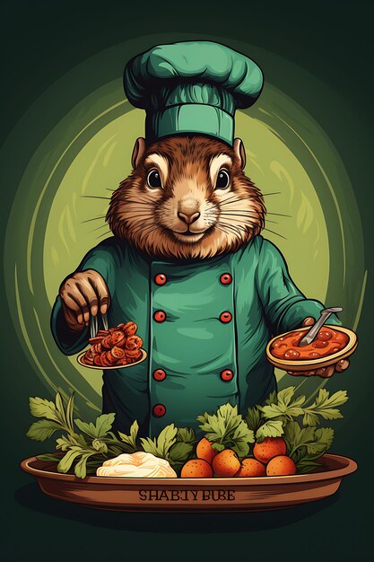 Plakat Groundhog noszący kapelusz szefa kuchni i trzymający talerz Delicio 2D Flat Design Illustration