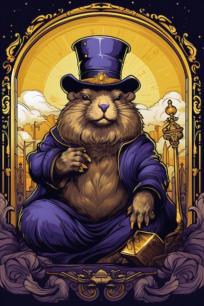 Plakat Groundhog noszący koronę i siedzący na tronie Regal Purp 2D Flat Design Illustration