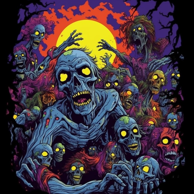 Plakat grupy zombie z świecącymi oczami i ramionami generatywny ai