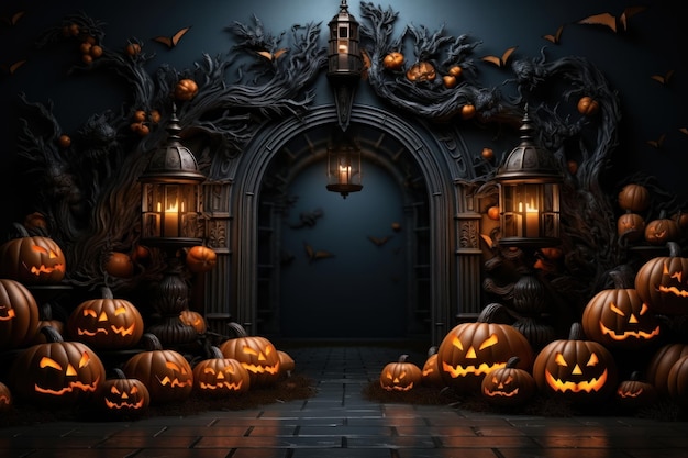 Plakat Halloween straszna dynia i dom z fantastycznym tłem Generacyjna sztuczna inteligencja