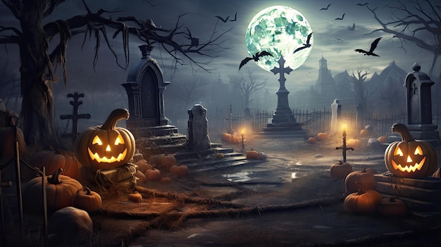 plakat halloweenowy na zachodnie święto chrześcijańskie z dyniami i cmentarzem w tle.