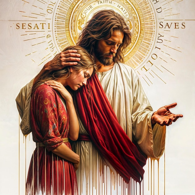 plakat Jezusa Chrystusa przedstawiający kobietę i mężczyznę