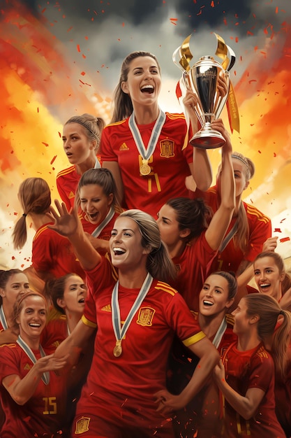 plakat kobiecej drużyny piłkarskiej z trofeum na pierwszym planie