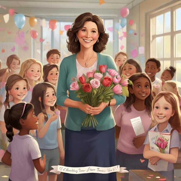 plakat kobiety trzymającej wiązkę kwiatów z słowami "szczęśliwy Dzień Nauczyciela"