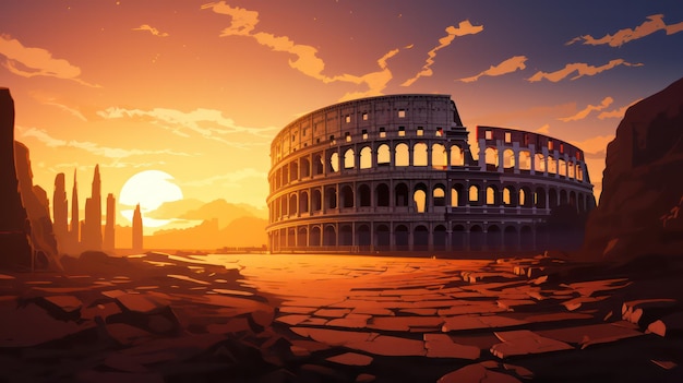 Plakat Koloseum o poranku z widokiem na niebo o wschodzie słońca
