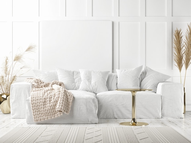 Plakat makieta w stylu skandynawskim z dekoracją domu. białe tło drewniana ściana, renderowanie 3d, ilustracja 3d