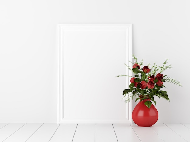 Plakat makieta z kwiatami w czerwoną dekoracją wazonu