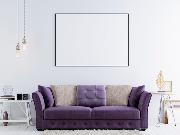 Plakat makiety na białej ścianie w nowoczesnym wnętrzu hipster z fioletową sofą i białym stołem renderowania 3D