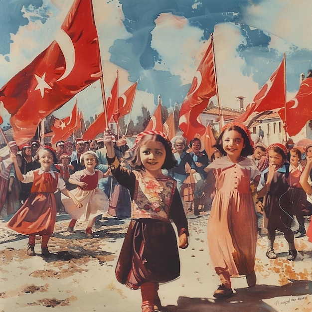 plakat małej dziewczynki z czerwoną flagą i innymi ludźmi na tle