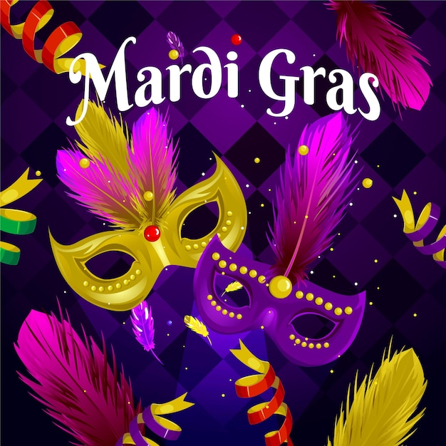 plakat Mardi Gras jest pokazany z maską i piórami