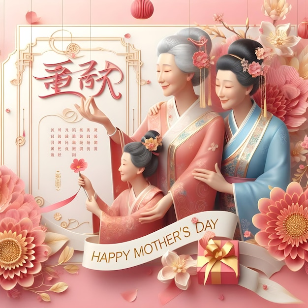 plakat matki i jej córki z kwiatami i słowami Szczęśliwego Dnia Matki