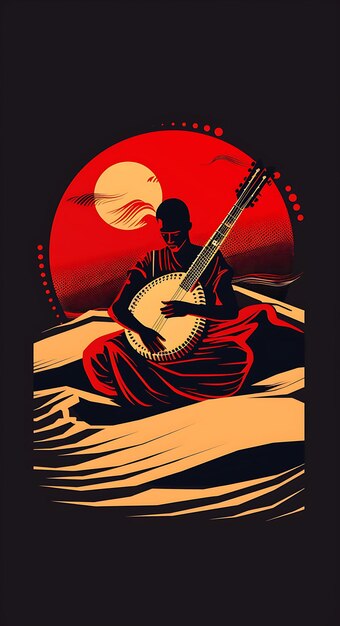 plakat mężczyzny grającego na gitarze na pustyni