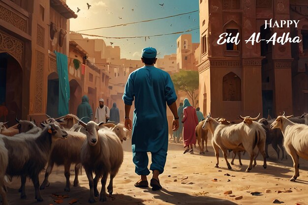 Zdjęcie plakat mężczyzny idącego ulicą z stadem owiec na eid adha