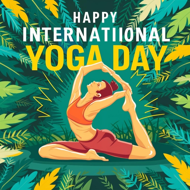plakat międzynarodowego międzynarodowego dnia jogi z kobietą wykonującą jogę
