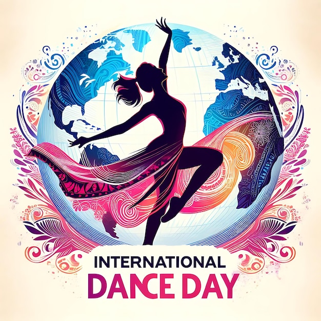 Zdjęcie plakat międzynarodowego tańca z kobietą tańczącą przed mapą świata