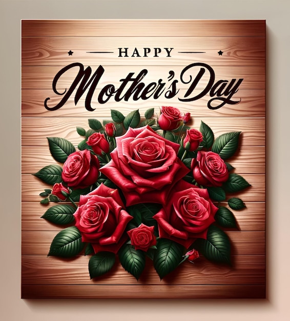 Plakat na Dzień Matki z czerwonymi różami na drewnianym tle