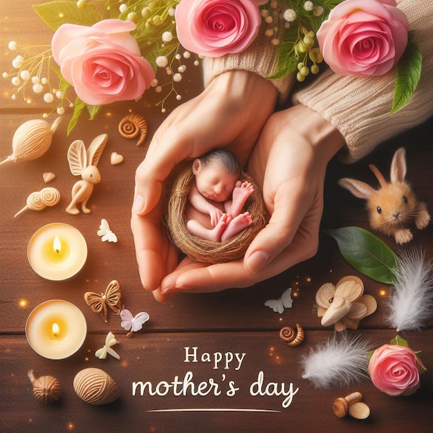 plakat na Dzień Matki z dzieckiem i kwiatami