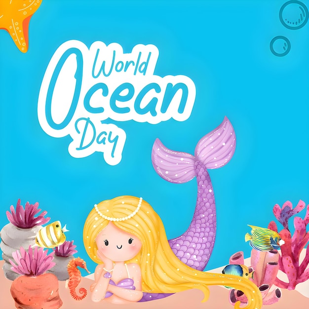 plakat na Dzień Oceanu z syrenami i syrenami
