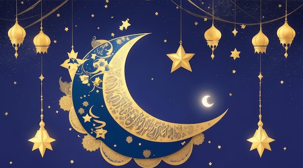 Plakat na Eid Mubarak z półksiężycem i gwiazdami Generatywna sztuczna inteligencja