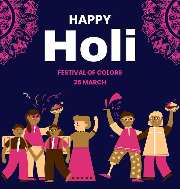 plakat na festiwal kolorowych z ludźmi tańczącymi i słowami Holi