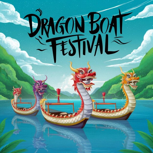 plakat na festiwal łodzi smokowych z łodziami smokowymi na wodzie