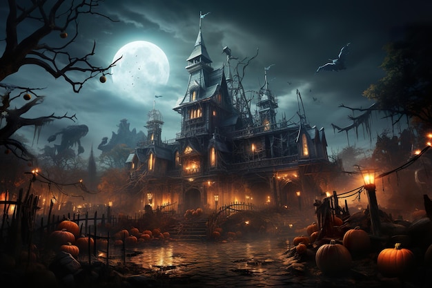 Plakat na Halloween z dyniami i zapalonymi latarniami w stylu ciemnych i szorstkich krajobrazów miejskich XIX-wieczna fantastyczna uliczna ilustracja AI cyfrowa wirtualna generatywna