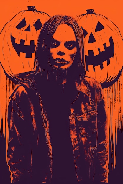 plakat na Halloween z mężczyzną w czarnej kurtce i długich włosach