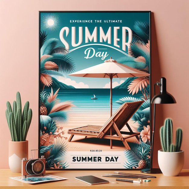 Zdjęcie plakat na letni dzień z drzewami palmowymi i parasolem na plaży