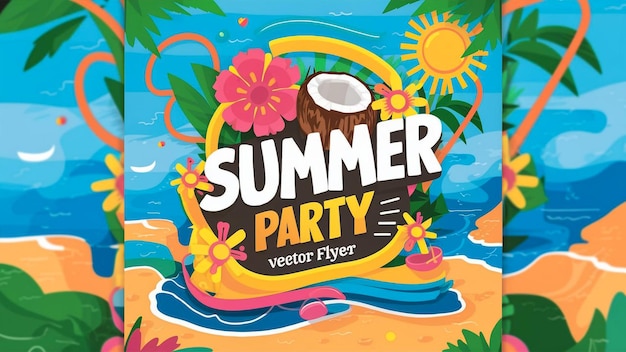 plakat na letnią imprezę z kwiatami i zdjęciem imprezy na plaży