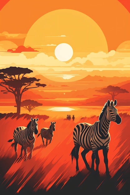 plakat na safari ze zebrami i zachodem słońca