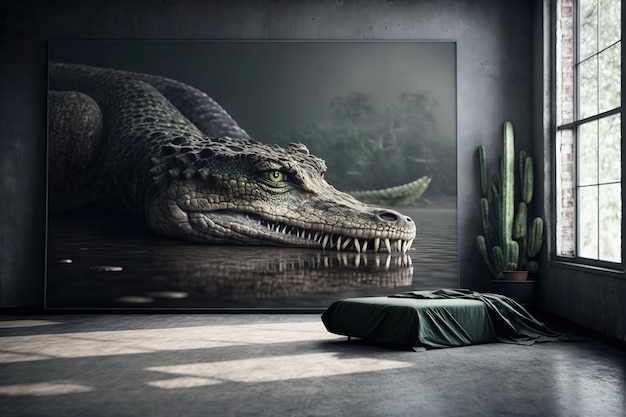 Plakat na ścianie przedstawiający krokodyla z ustami i zębami w pokoju z dużym oknem wygenerowanym przez sztuczną inteligencję